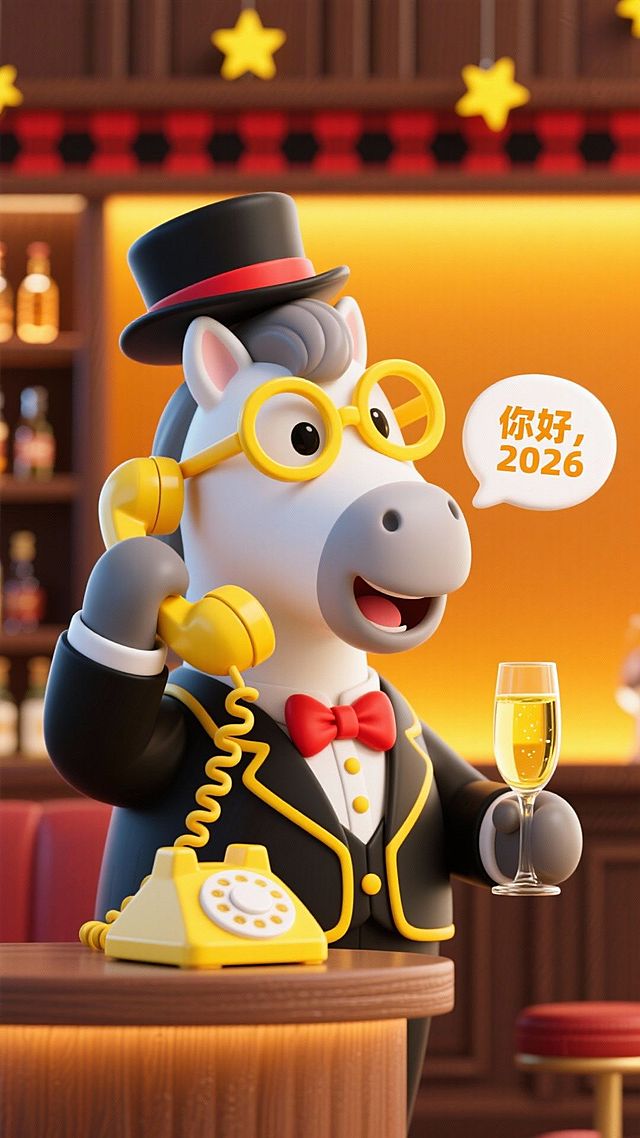 Q版灰白配色的马，身着黑色带黄边装饰的礼服+红色领结，头戴同色系礼帽，佩戴超大号黄色圆形眼镜，侧身左手持黄色复古电话听筒，嘴巴张开在说话，气泡文案“你好，2026”，右手握黄色高脚香槟杯，复古酒吧主题背景，暖棕和橙黄渐变，局部搭配红黑格纹装饰，搭配黄星装饰。