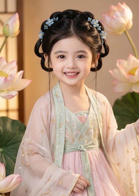 2岁漂亮小公主，穿着图2的华丽粉绿汉服，梳着图3的带复杂蓝色花朵发饰的发型，有着图1的大大眼睛，可爱有灵性，喜庆，笑脸相迎，真人艺术写实写真，超高清32K画质预览效果