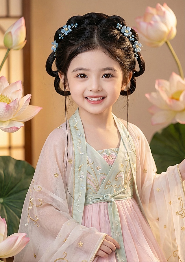 2岁漂亮小公主，穿着图2的华丽粉绿汉服，梳着图3的带复杂蓝色花朵发饰的发型，有着图1的大大眼睛，可爱有灵性，喜庆，笑脸相迎，真人艺术写实写真，超高清32K画质