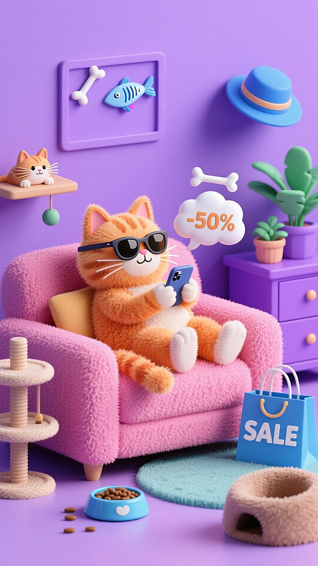 一只可爱橘猫，躺在粉色沙发戴着墨镜玩手机，脑袋旁边有白色云朵气泡，里面是鱼骨头、“-50%”数字图标；点缀猫粮碗、猫爬架、猫窝、印有“SALE“的购物袋、蓝绿色植物、紫色柜子和蓝色帽子，紫色背景，客厅氛围