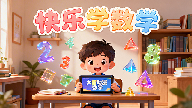 卡通插画风格，16:9比例，温馨的书房环境，画面中央是一个快乐的小学生正在平板电脑上观看"大智动漫数学"课程，周围漂浮着彩色的数字和几何图形，画面顶部用卡通字体显示"快乐学数学"