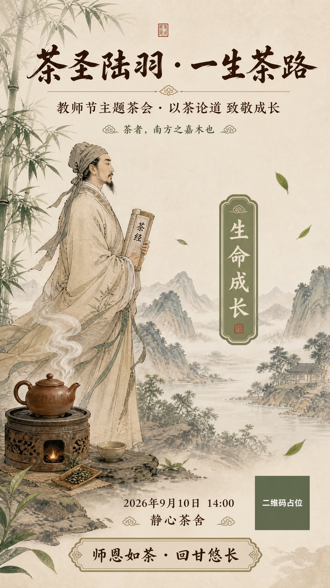 国风新中式工笔风格教师节茶会海报，竖版9:16，禅意雅致，茶韵… - 图片创意预览