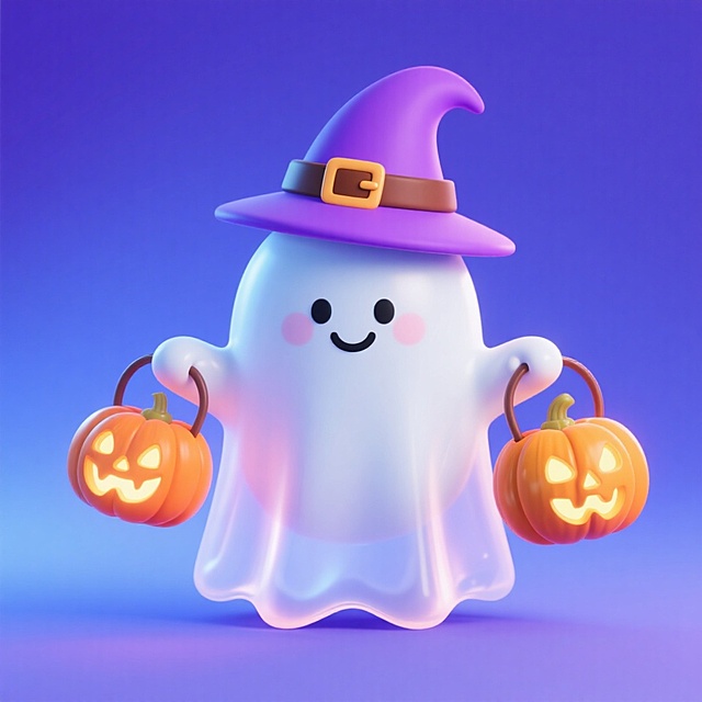 一个萌系幽灵形象。它戴着紫色巫师帽（带有棕色腰带扣），面带微笑，双手分别提着发光的南瓜灯笼和南瓜灯。紫蓝色渐变背景。