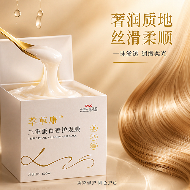 [主图-3] 发膜质地与使用效果展示
[氛围风格] 柔润丝滑质感 高级护发体验 暖调柔光
[画质] 商业微距摄影质感 膏体质地细腻真实 光线柔和通透
[元素] 画面左侧放置打开的萃草康三重蛋白奢护发膜 白色方盒打开 内部盛满奶白色膏体 膏体表面光滑细腻有光泽 用金色小勺子舀起一勺发膜 膏体缓缓流下 呈现拉丝柔滑质感 右侧展示一缕柔顺亮泽的金色长发 发丝根根分明 散发绸缎般柔光 发尾健康整齐 背景为浅米色渐变 底部有柔和的倒影 左上角有几滴透明精油水滴悬浮 增加水润感 保持产品外观与输入产品图一致 盒体白色哑光 金色字体清晰 商品主体占比约60%
[光影] 顶部柔光箱主光 均匀打亮膏体与发丝 侧光勾勒膏体拉丝的轮廓光泽 发丝有明显的高光条带 呈现绸缎般亮泽 整体光线柔和温暖
[配色] 主色调奶白 米金 辅助色轻奢金 透明水色
[视角构图] 平视微俯 产品在左 发丝在右 左右平衡构图 景深较浅 背景虚化
[文字版式] 右上负空间右对齐 主标题奢润质地 丝滑柔顺 金色粗体 次标题一抹渗透 绸缎柔光 深灰色细体 底部中间小字烫染修护 固色护色 深灰色 清晰可读
[输出要求] 1:1比例 文字清晰可辨 超高清商业摄影质感
[负向提示词] 变形 文字错乱 产品模糊 背景杂乱 水印 电商平台Logo 多余的手 手指畸形