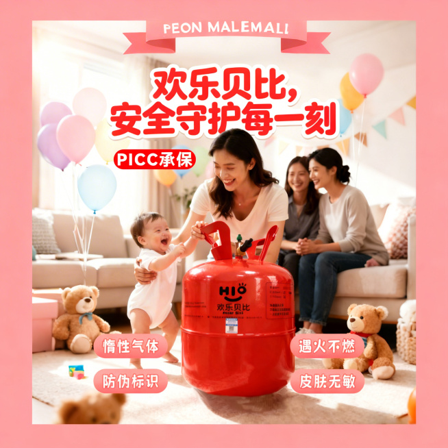 调整这张图为拼多多电商主图标准1:1比例，适当调整顶部丝带位置和大小，修正文字错误，调整字体大小和排版，让整体构图更符合拼多多主图规范，突出红色欢乐贝比氦气罐产品，保留所有卖点文案和场景内容，调整后整预览效果