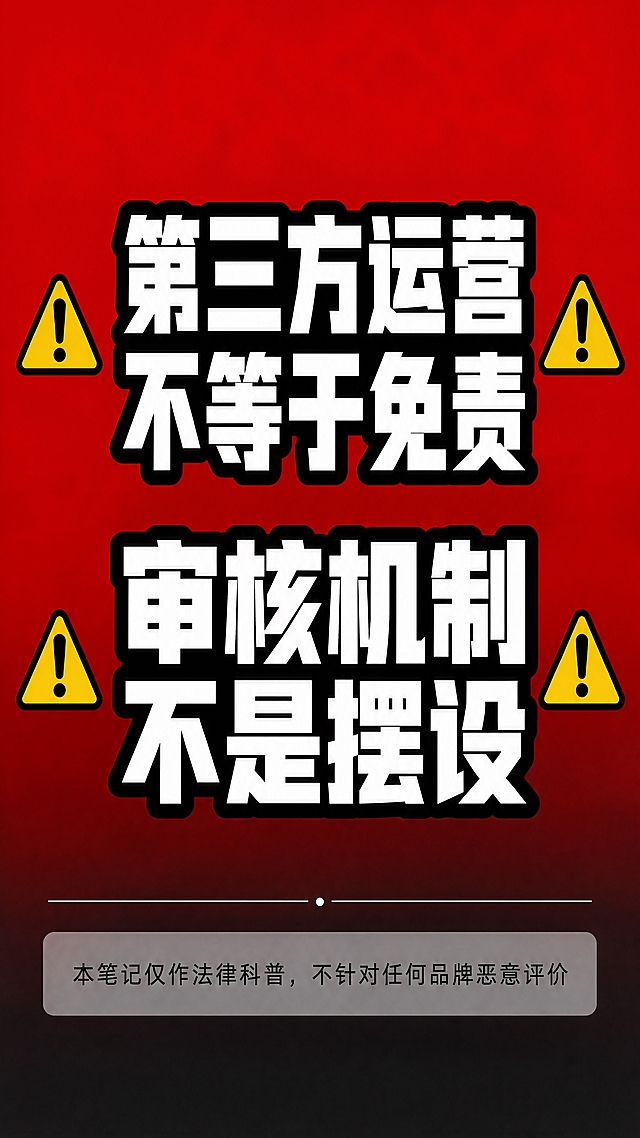 小红书笔记尾页图文，纯大字总结风格，高饱和撞色警示风，版式精美，小红书笔记内页质感，信息层级清晰。上半部分两条核心提醒，大号粗体字，逐字锁定：「第三方运营不等于免责」「审核机制不是摆设」，两句分两行排列，视觉冲击力强。下半部分底部有一个浅色半透明矩形条，内有免责声明文字，字号较小但清晰可读，逐字锁定：「本笔记仅作法律科普，不针对任何品牌恶意评价」。背景：深红色纯色背景，底部渐变过渡到深灰。文字样式：上半部分提醒文字为白色超粗黑体，加黑色粗描边或色块底；底部免责声明为深灰色细黑体，置于浅灰色半透明底框内。装饰：上半部分两侧各 1 个警示小图标（扁平风格）；底部加一条细横线分隔。整体氛围：总结警示、郑重声明、收尾感。画质：高清细腻，文字完整处于安全区内不可裁切，四周留安全边距。画面比例 9:16，4K。