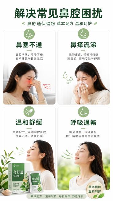 [第2屏] 痛点与解决页，解析鼻腔不适问题，突出鼻舒通保健粉草本解决方案。本屏使用产品信息【图9】作为信息参考。
[氛围/风格] 简约专业说明页，清晰易懂，温和自然。
[元素布局] 四格说明布局，上两预览效果