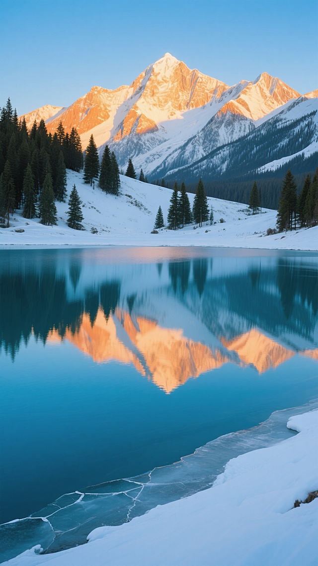 超写实摄影风格的雪山湖泊风景，清澈碧蓝的湖水倒映着被晨曦染成橙金色的连绵雪山，湖面边缘有少量冰裂纹，湖岸覆盖着洁白的积雪，远处山坡上点缀着墨绿色的松树，整体画面呈现出宁静、壮丽、纯净的氛围，光影柔和，色彩层次丰富，构图采用经典的山水比例，天空湛蓝渐变与湖面倒影形成完美对称。