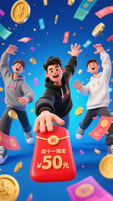 强烈鱼眼镜头畸变，视觉冲击力强，大幅度夸张动作，比例夸张。画面前景中，一张写着 “双十一限定 50 元” 的红色红包（因为角度的原因，红包看起来很大）被一名身穿黑色潮流卫衣的年轻男子伸到前面抢到，左边预览效果