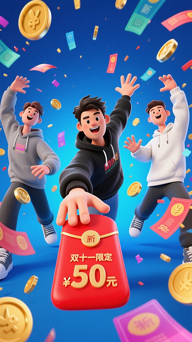 强烈鱼眼镜头畸变，视觉冲击力强，大幅度夸张动作，比例夸张。画面前景中，一张写着 “双十一限定 50 元” 的红色红包（因为角度的原因，红包看起来很大）被一名身穿黑色潮流卫衣的年轻男子伸到前面抢到，左边 2 个穿着灰色潮流卫衣的年轻男子和右边 1 个白色潮流卫衣的年轻男子都伸出手抢夺。画面围绕着闪现金币与彩色优惠券。