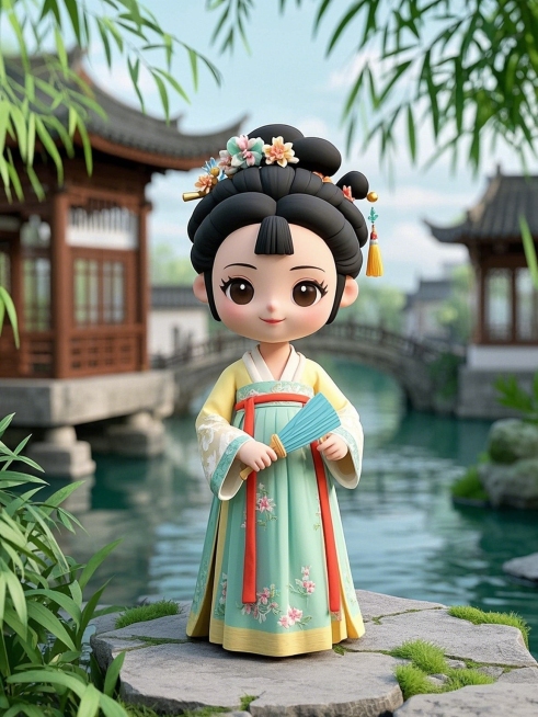中国风角色设计，一位Q版古装少女俏皮站立，她身着精致绣花襦裙，发髻高挽，点缀着玉簪与流苏。少女手持折扇，面带微笑，眼神灵动。背景是水墨画般的古典园林，青砖黛瓦，竹林环绕，一弯石桥横跨于清澈溪流之上。预览效果