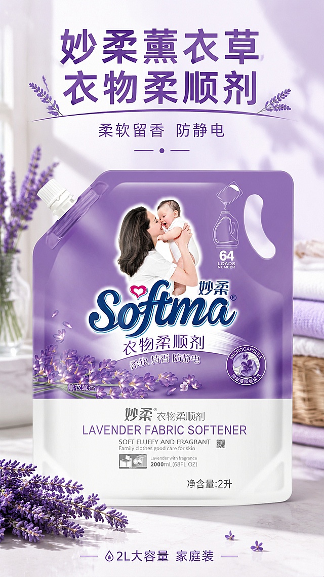 [第1屏] 详情页头图-妙柔薰衣草香衣物柔顺剂产品宣传海报。本屏使用【图1】作为商品主体。
[氛围/风格] 温馨清新家居风，淡紫色柔化背景，搭配真实薰衣草点缀，商业摄影质感，自然柔和光感。
[元素布局] 柔顺剂袋装产品置于画面中心，占比约65%；上方预留主标题区域，底部点缀淡紫色薰衣草花束装饰；产品包装结构、颜色、文字信息与输入产品图保持完全一致。
[光影质感] 顶部柔光漫射，产品底部自然投影，整体明亮通透，产品轮廓清晰质感真实。
[配色色系] 全局底色 #f5f0fa；主色淡紫薰衣草紫；辅助色白色、深紫文字。
[视角构图] 正面平视构图，产品居中为视觉中心，阅读动线上方标题→中心产品→底部装饰。
[文字版式] 顶部主标题「妙柔薰衣草衣物柔顺剂」，副标题「柔软留香 防静电」，大字号黑体居中，文字清晰不遮挡产品主体；底部小字标注「2L大容量 家庭装」，文字排版整洁。
[比例分辨率] 9:16竖版比例，1080×1920像素，4K分辨率，文字清晰可辨，高清画质。
[负向提示词] 产品变形，包装文字错乱，缺件错件，颜色偏差，水印，文字过小，背景杂乱。