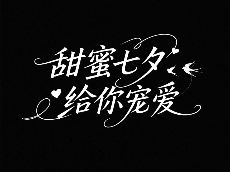 文字“甜蜜七夕 给你宠爱”，文字穿插点缀爱心和喜鹊。高级感，秀丽笔手写字体，黑底白字，线条均匀流畅，收笔略有拖尾，起笔锐利，结构清晰，偏几何感，笔画之间距离较匀，连笔，类似行书，是手写书法字。预览效果