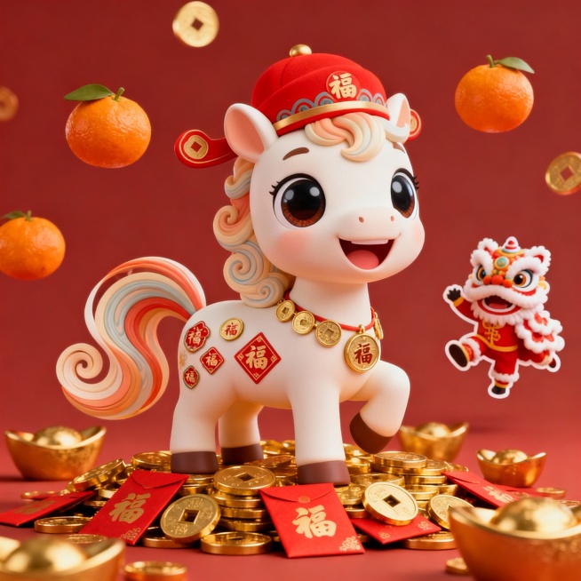 一只可爱的Q版新年小马，开心微笑，眼睛大而圆润，戴着小巧的传统红色吉祥帽，身上装饰着金币图案和微型“福”字印花，尾巴像祥云丝带般卷曲，站在一堆金元宝和红包上，周围漂浮着橘子和舞动的小狮子，整体采用暖红预览效果