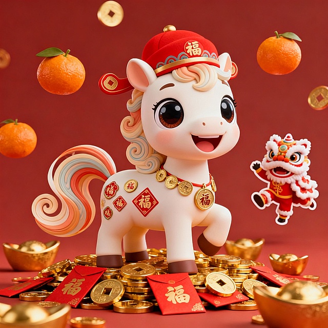 本形象以“Q版招财马”为核心，突破传统严肃的生肖表达，融入现代卡通美学与吉祥文化符号。小马表情亲和，形态圆润，结合“金币、红包、福字、橘子、舞狮”等新春元素，突出“招财进宝、福气满满”的轻松主题。视觉上采用3D柔和渲染与温暖色调，兼具文化感与商业亲和力