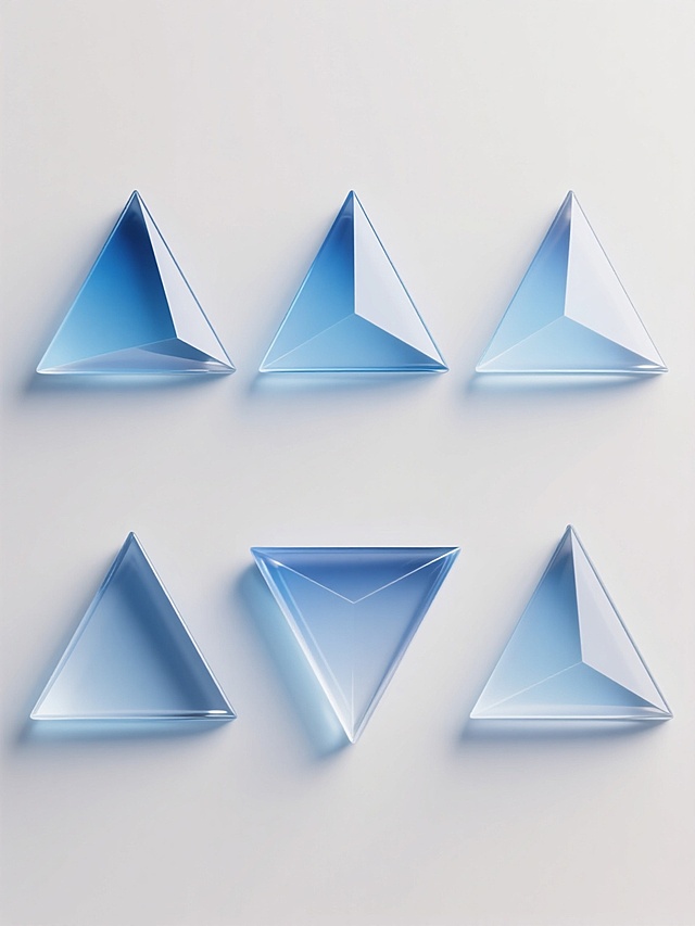 六个不同样式和配色的3D三角形几何形状元素，采用透明玻璃质感，带有微妙的蓝色渐变和光泽，边缘锐利清晰，表面光滑有反光效果，在浅色背景上呈上下两行整齐对齐排列，每个三角形具有独特的几何切割面和不同的色调变化，整体保持现代简约的设计风格，光影柔和，立体感强。