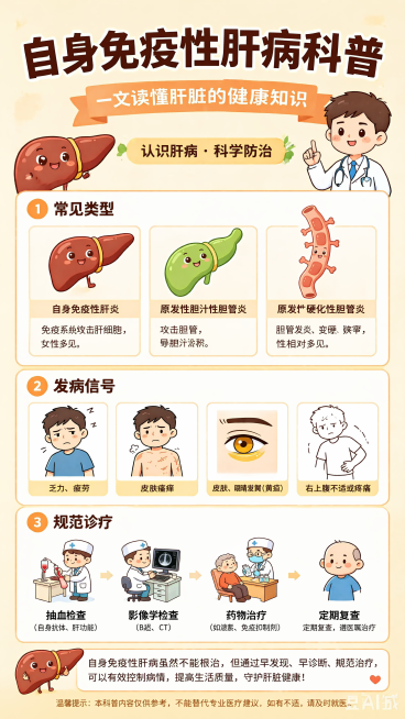 健康科普海报，主题是自身免疫性肝病科普。风格为卡通扁平科普风，可爱医学插画风格，和参考图保持一致。主标题"自身免疫性肝病科普"，副标题"一文读懂肝脏的健康知识"，装饰文字"认识肝病 · 科学防治"，分预览效果