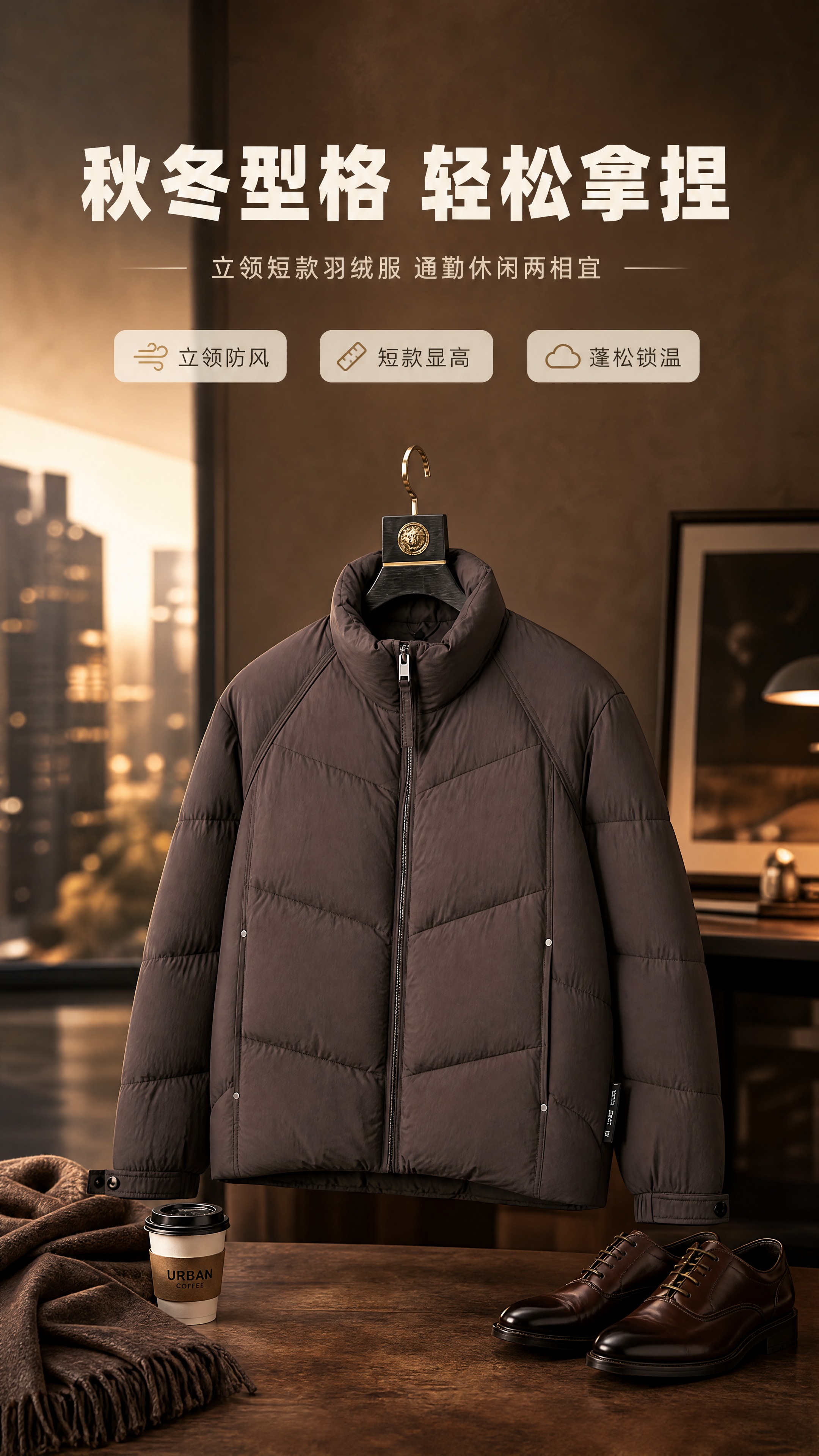 [商品] 使用【图1】深咖色男士立领短款羽绒服；商品处理：保留… - 图片创意预览
