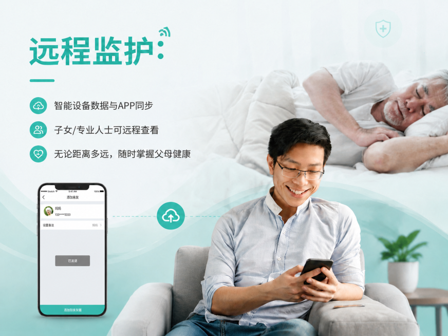 将原远程监护页面中手机界面替换为提供的新微信界面截图，保留其他所有内容不变：保留左侧文字、人物、背景和整体蓝绿白配色风格，保持比例4:3，整体排版不变预览效果