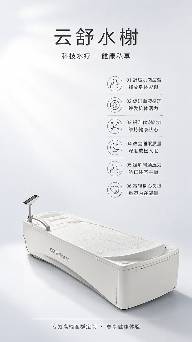 极简功效风格按摩水床宣传海报，竖版9:16。画面主体为按摩水床，100%还原上传商品图的产品外形、结构、材质质感、颜色与整体造型，以上传图为唯一商品主体来源，设计仅作用于背景、光影、版式和文字区。背景为纯净浅灰白色渐变，极简干净，大面积留白，高级克制。水床位于画面中下部，侧前方柔光打亮，质感细腻，下方有淡淡投影。画面顶部居中是主标题「云舒水榭」，深灰色精致无衬线字体，简洁有力；主标题下方一行小字副标题「科技水疗 · 健康私享」。画面上半部分右侧以精致排版呈现6大健康功用，每条前面有细线条图标：「01 舒缓肌肉疲劳 释放身体紧绷」「02 促进血液循环 焕发机体活力」「03 提升代谢能力 维持健康状态」「04 改善睡眠质量 深度放松入眠」「05 缓解肩颈压力 矫正体态平衡」「06 减轻身心负担 重塑内在能量」，文字排版精致有序，信息丰富但不拥挤。底部中央有细线分隔，下方小字「专为高端客群定制 · 尊享健康体验」。整体风格极简、高端、克制、大气，以信息传达为主，版式精美，商业海报质感，超高清，2K分辨率。