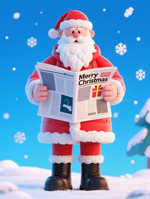 圣诞老人手持印有 “Merry Christmas”和礼物图标的报纸。中心对称构图，蓝色天空背景，点缀雪花装饰。预览效果