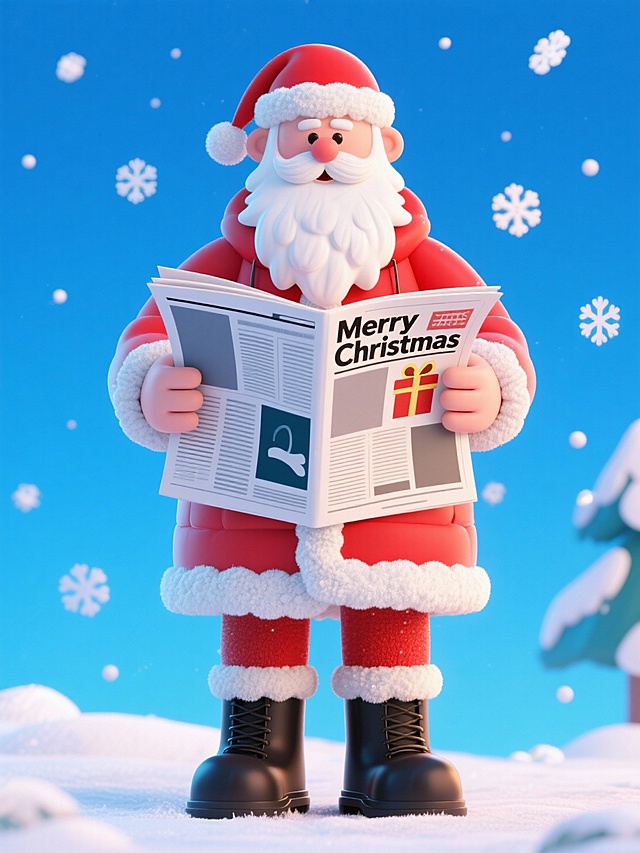 软3D粘土风格圣诞老人，手持“Merry Christmas”报纸，喜庆卡通感十足，雪景背景烘托节日氛围。