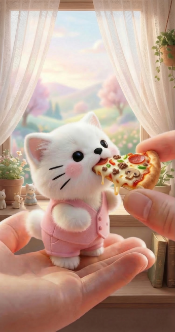 将手中的蛋糕替换为迷你美式牛肉披萨，其他内容保持不变，风格依旧温馨治愈预览效果