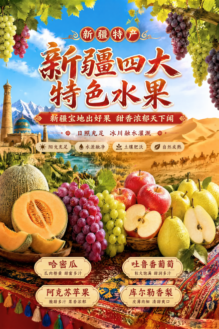 将新疆四大特色水果海报改为2:3竖版比例，保留全部元素：标题"新疆四大特色水果"、副标题、四大水果（哈密瓜/吐鲁番葡萄/阿克苏苹果/库尔勒香梨）及其标签文案、雪山沙漠背景、葡萄架、地毯装饰等，仅调整构预览效果