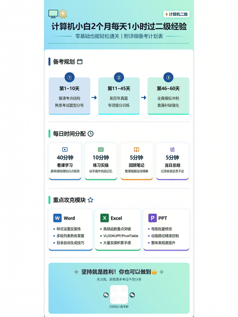 一张竖版小红书计算机二级备考经验分享海报，简约清新风格，包含标题"计算机小白2个月每天1小时过二级经验",正文分四个板块：备考规划：1~10天摸清考点，11~45天真题提分，46~60天模拟冲刺；每日预览效果
