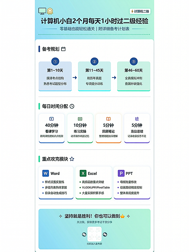 一张竖版小红书计算机二级备考经验分享海报，简约清新风格，包含标题"计算机小白2个月每天1小时过二级经验",正文分四个板块：备考规划：1~10天摸清考点，11~45天真题提分，46~60天模拟冲刺；每日分配：40分钟看课，10分钟练习，5分钟回顾，5分钟总结；重点模块：Word样式多级列表目录要反复练，Excel重点掌握高频函数多实操，PPT掌握母版批量修改提速度，整体排版清晰舒适适合手机阅读，配色简洁大方以浅蓝绿色调为主