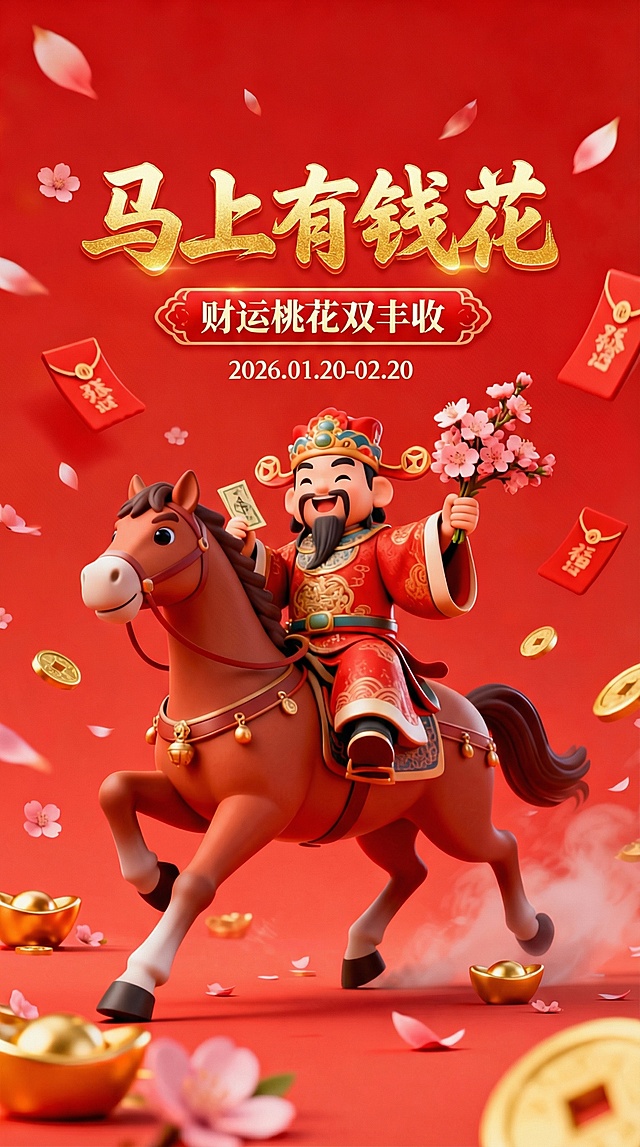 软3D风国潮设计，财神骑马持花与金条，鎏金文字搭配飘落花瓣与红包，喜庆卡通感十足，寓意财运桃花双丰收。