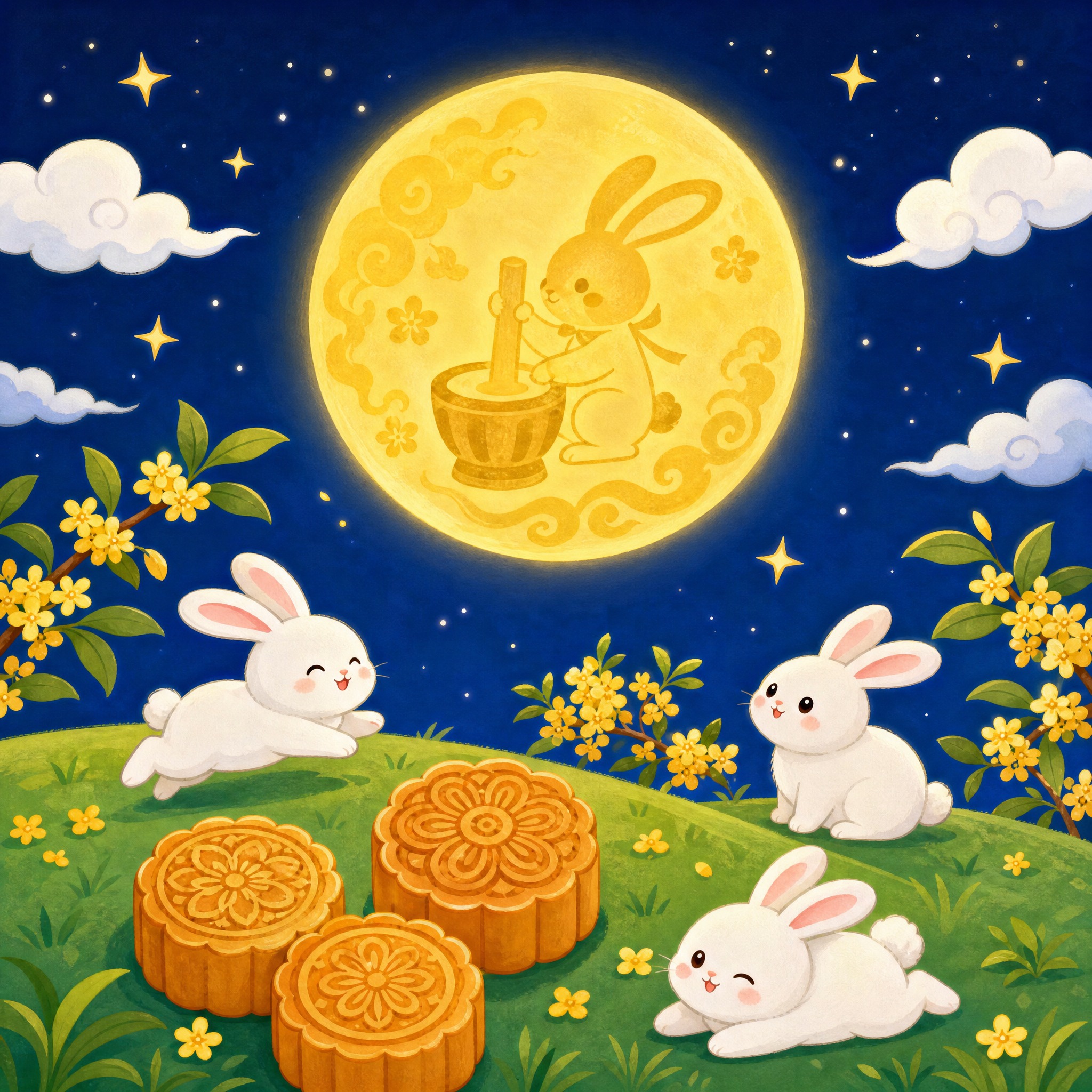 中秋主题儿童画，画面中不出现任何人物，画风简洁可爱有特色。深蓝… - 图片创意预览