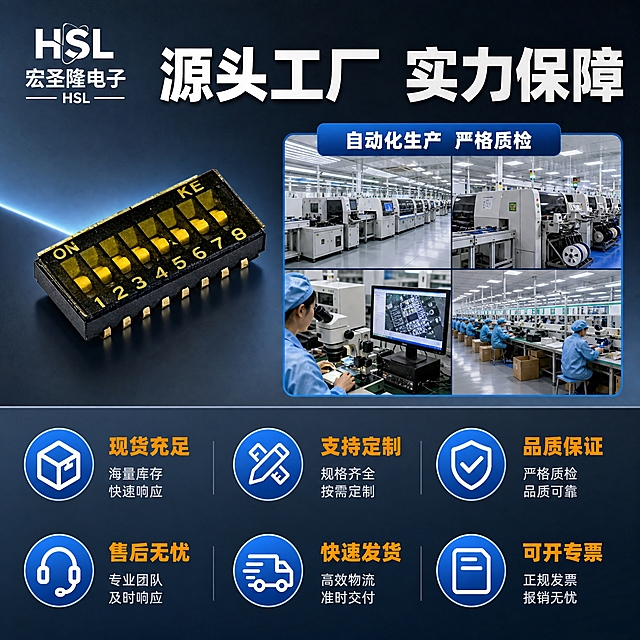 [主图-5] 工厂实力与服务保障图，主题是宏圣隆电子源头工厂实力和完善售后服务，增强买家信任感。
[统一基调] 专业工业风，蓝灰色渐变背景，主标题白色，辅助文字浅蓝色，强调色橙色，字体为无衬线粗体，字号层级分明，服务图标用蓝色圆形底白色图标样式，整体专业可信。
[画面] 画面上半部分左侧为产品主体，一只8位贴片拨码开关45度角摆放，占画面约30%。右侧为工厂车间场景小窗口，展示自动化生产设备和质检流程的缩略场景。下半部分为六大服务保障图标区域，分两排排列。产品精修，质感好。工厂场景真实感强，体现规模化生产能力。
[光影质感] 产品部分商业摄影质感，光影细腻。工厂场景部分真实工业摄影质感，光线明亮，体现整洁规范的生产环境。整体光影协调统一。
[配色] 背景蓝灰色渐变，主标题白色，服务图标蓝色底白色图案，强调文字橙色，说明文字浅灰色，整体配色专业可信。
[文字版式] 顶部主标题大字：源头工厂 实力保障。下方左侧产品，右侧工厂场景窗口标注：自动化生产 严格质检。底部六个服务保障图标加文字，分两排三列：现货充足、支持定制、品质保证、售后无忧、快速发货、可开专票。左上角HSL宏圣隆电子Logo。文字横排，清晰可读，信息层级分明。
[输出要求] 1:1正方形，2K分辨率，产品清晰，工厂场景真实，文字清晰无错字，画面专业有信任感，无水印，无平台Logo。
