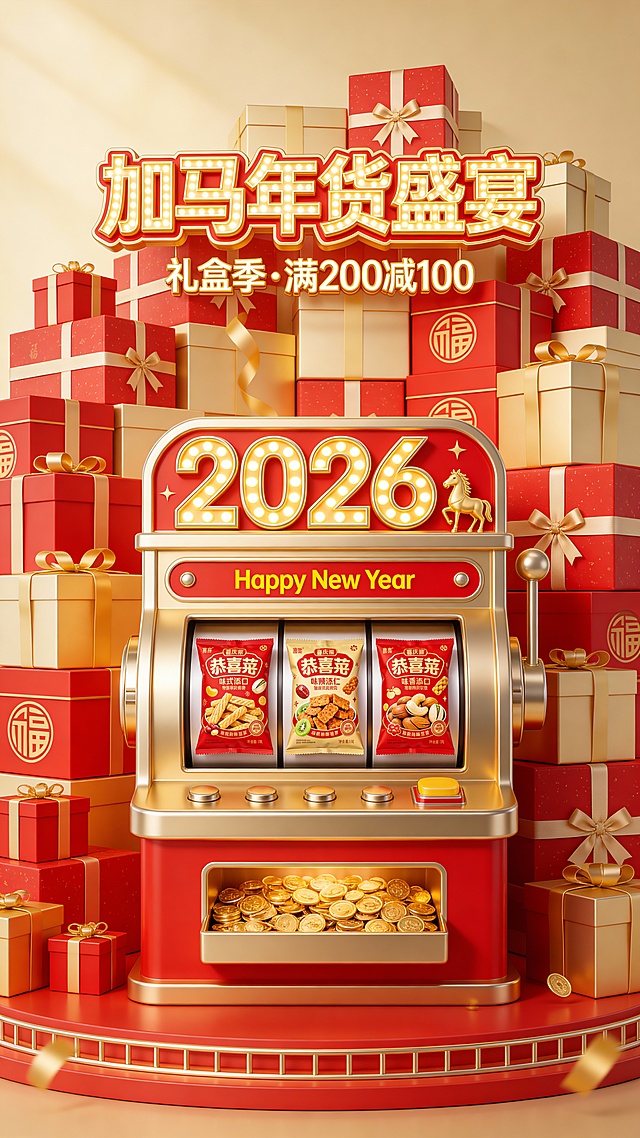 3D 写实风，视觉中心是一台老虎机造型装置（正面视角，金属材质金红配色，机器上装饰 “2026” 立体数字、小金马，机器中部装饰 “Happy New Year” 黄色小字，机器底部吐出大量金币），机器滚轮区转出图中商品。背景是堆满新年礼盒的堆头，红色与金色礼盒层层叠叠，点缀金色丝带与福字，充满年货节的丰盛感。顶部金色 3D 灯牌标题 “加马年货盛宴”，副标题 3D 金色小字 “礼盒季・满 200 减 100”。