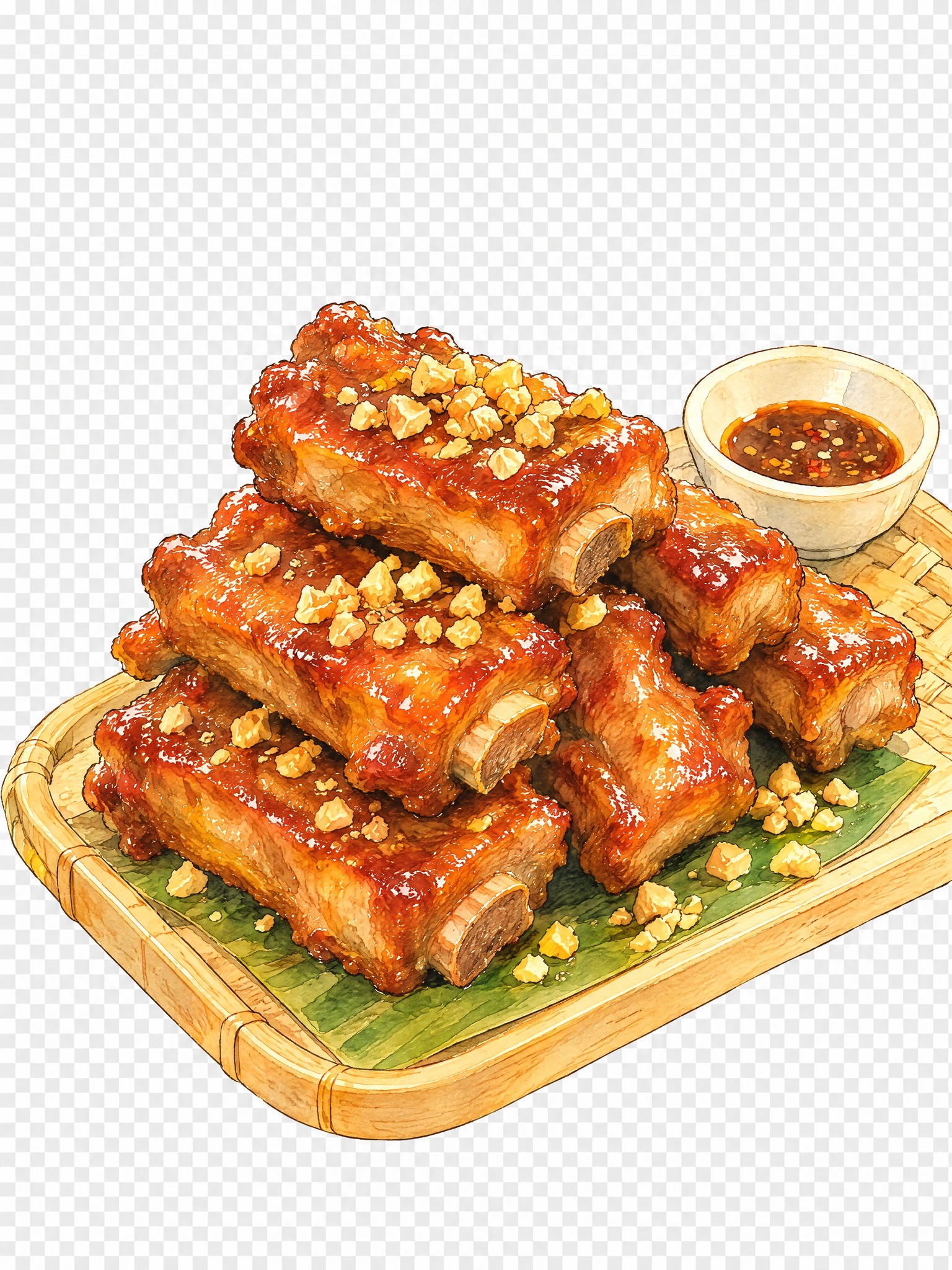 参考第一张底图的暖黄色调水彩手绘风格，将图中的藤桥排骨菜品转换… - 图片创意预览