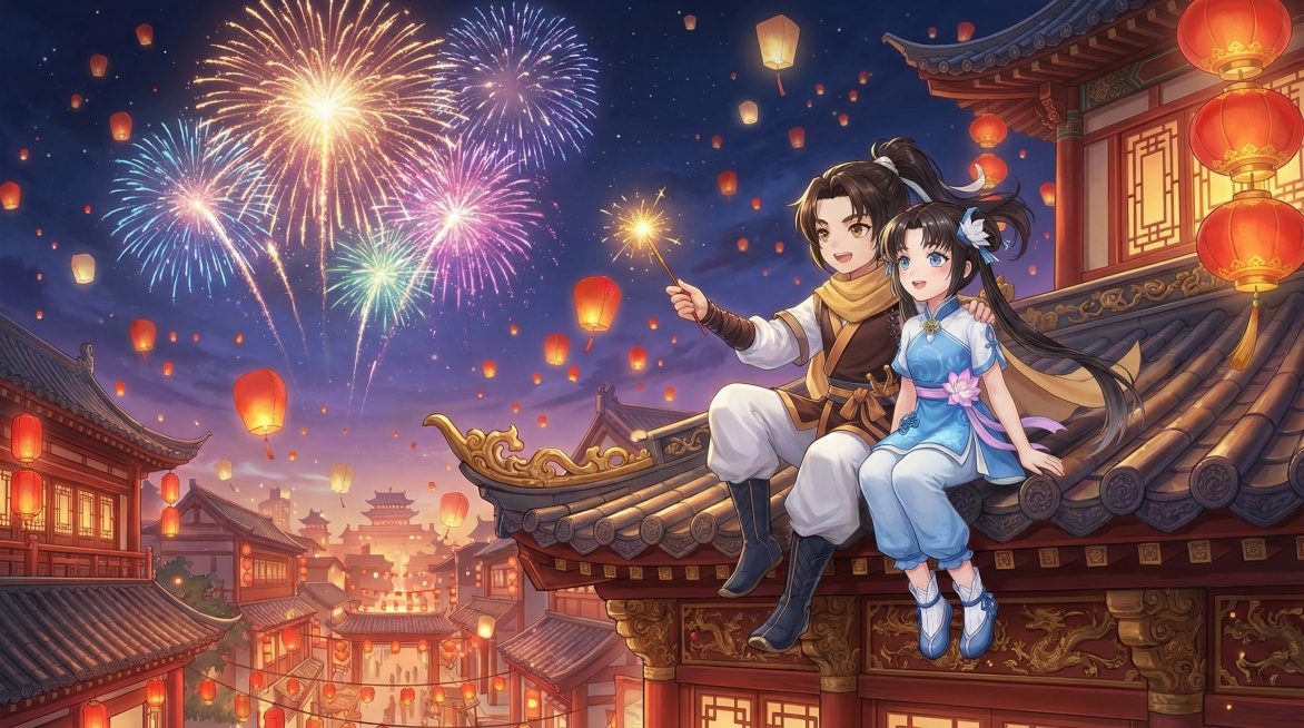 新春主题风格，用给的两个角色形象生成，夜晚，中式建筑，画面的右边是是两个角色坐在屋檐上,男主角一只手搂着女主角，看向左上方的天空。天空有烟花、灯笼等新春元素。男主角手中有烟花棒。横版尺寸，游戏宣传画的预览效果