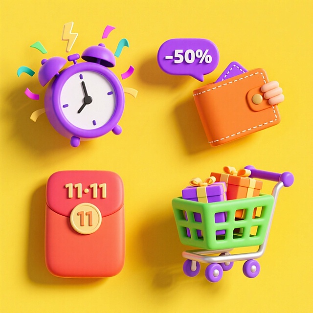 4个同类型的图标：1、紫色闹钟，闹钟周围装饰撞色闪电、彩带元素；2、托举着一只橘色钱包（钱包上有冒出一个对话框，里面写着“-50%”）；3、红包（上面写着“11·11”；4、绿色购物车，购物车多个装满物品和礼盒。黄色背景，上下两行，排列整齐