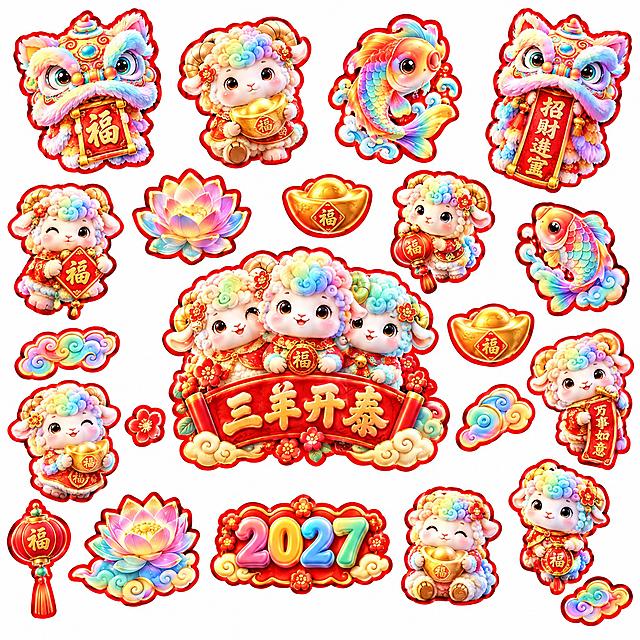 参考图风格的2027羊年春节卡通贴纸元素集合，包含多组独立的可爱Q版小羊形象、醒狮头、锦鲤、莲花、元宝、2027艺术字等春节吉祥元素，彩虹马卡龙渐变配色，毛绒质感，3D卡通渲染，红色描边贴纸效果，白色背景，元素分散排列，三羊开泰主题，喜庆可爱风格