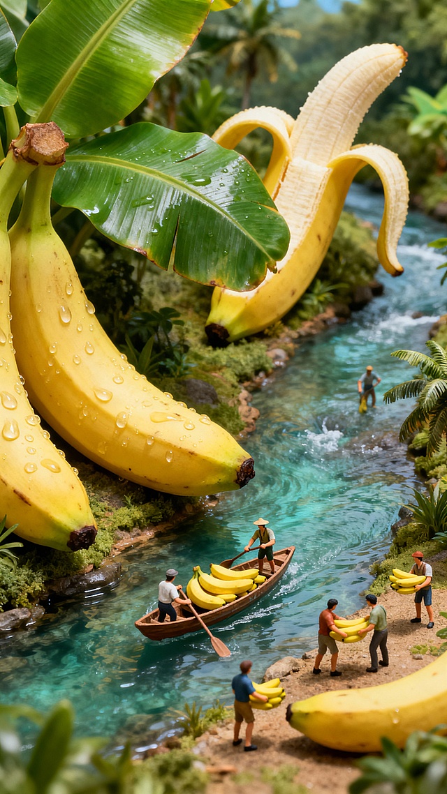 微缩艺术风与3D虚拟现实结合，超现实主义场景中，巨型香蕉与迷你人物互动，清新梦幻，趣味十足，宛如童话世界。