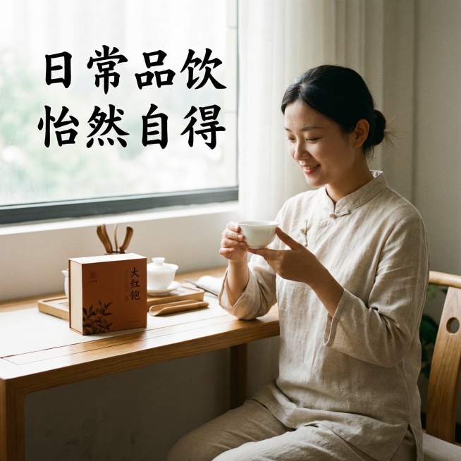 [主图 4 饮用场景] 大红袍日常品饮场景，简约新中式风格。一位中式穿搭女性（亚洲面孔）手持白瓷品茗杯，背景是简约茶桌，摆放本次大红袍产品包装盒，自然窗边柔和漫射光，营造舒适惬意的品茶氛围。主标题 "预览效果