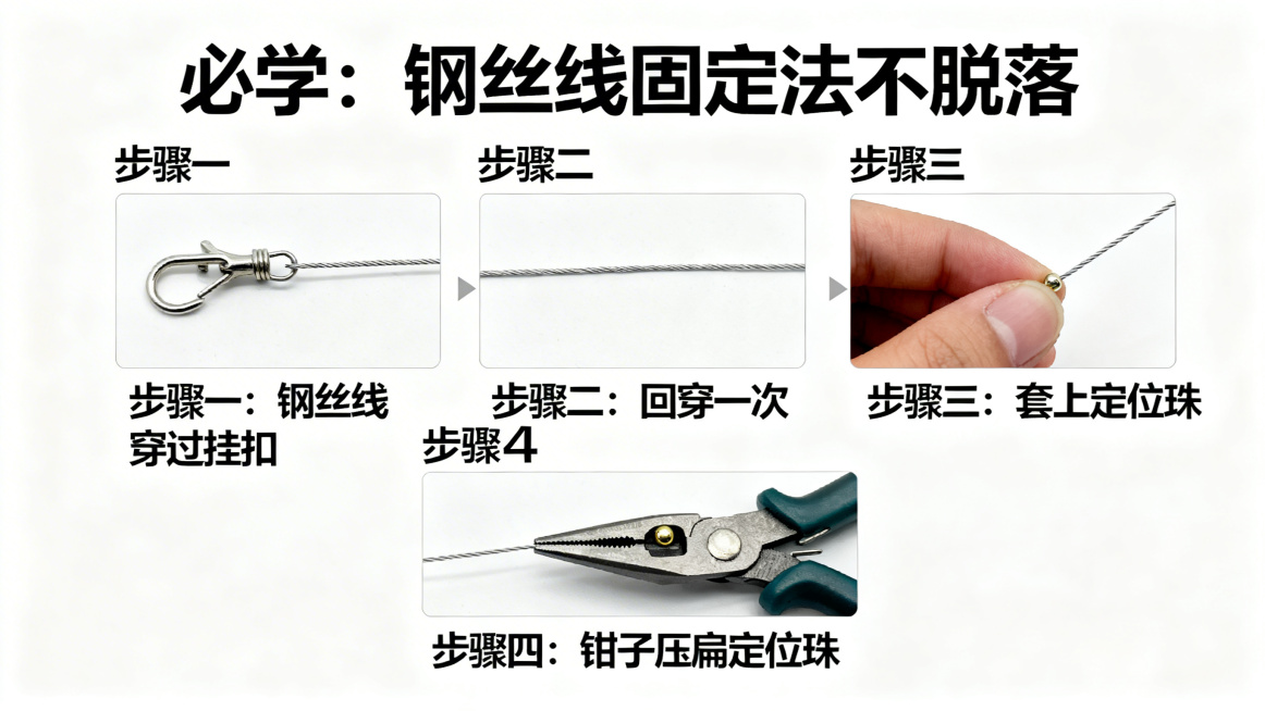 四步步骤图，标题：必学：钢丝线固定法不脱落，步骤一：钢丝线穿过挂扣，步骤二：回穿一次，步骤三：套上定位珠，步骤四：钳子压扁定位珠，背景干净简约，每个步骤配实拍示意图，文字清晰预览效果