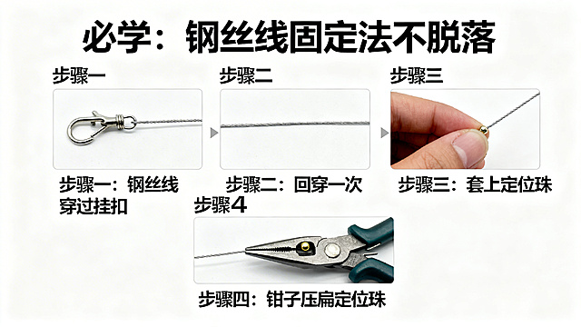 四步步骤图，标题：必学：钢丝线固定法不脱落，步骤一：钢丝线穿过挂扣，步骤二：回穿一次，步骤三：套上定位珠，步骤四：钳子压扁定位珠，背景干净简约，每个步骤配实拍示意图，文字清晰