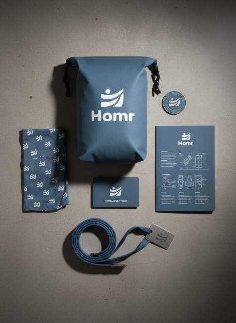 参考这个LOGO，做一套户外运动品牌视觉设计，品牌名称为“Homr"，包括包装袋、头巾、手册、金属卡、挂绳、徽章等。蓝灰色视觉主色调，功能主义、坚固耐用的现代风格预览效果
