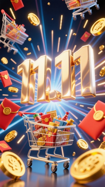 巨大3D数字“11.11”，背景为购物车、红包、放射线、金币元素组成的场景预览效果