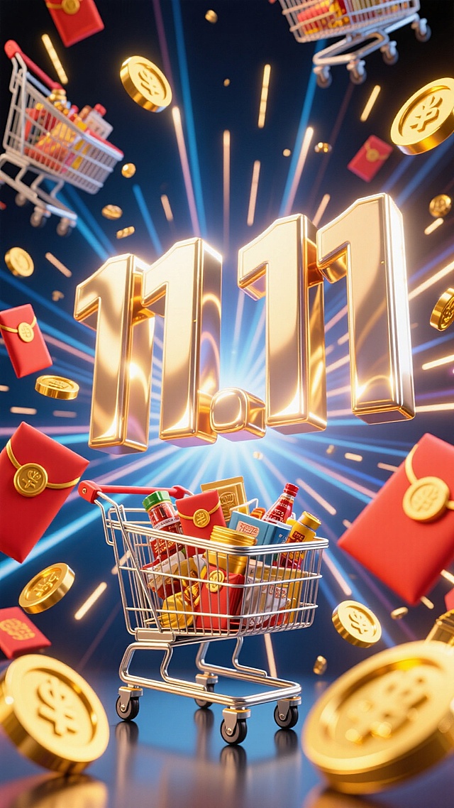 鎏金3D风“11.11”超级符号悬浮于炫光宇宙，购物车满载商品与红包金币飞舞，融合科技光影与重拟物设计，传递双十一喜庆促销的未来感狂欢。