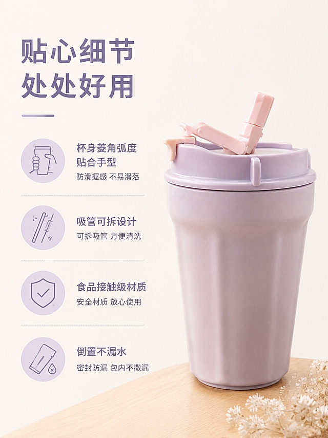 [第9屏] 人性化设计亮点总结。本屏使用【图1】作为产品主体参照。
[氛围/风格] 简约清晰信息卡风格，干净通透，信息展示一目了然。
[元素布局] 产品放置画面右侧占比约50%，左侧排列四个带图标的设计亮点：1.杯身菱角弧度贴合手型，标注「防滑握感 不易滑落」；2.吸管可拆设计，标注「可拆吸管 方便清洗」；3.食品接触级材质，标注「安全材质 放心使用」；4.倒置不漏水，标注「密封防漏 包内不撒漏」。产品颜色结构与输入图一致，布局清晰不拥挤。
[光影质感] 均匀柔和打光，产品和文字信息都清晰展示，光影自然。
[配色色系] 全局底色 #F6F1ED，图标浅紫填充，文字深紫，保持紫白浅棕配色体系。
[视角构图] 左文右图版式，产品居中偏右展示，信息区左对齐，阅读动线清晰。
[文字版式] 顶部主标题「贴心细节 处处好用」，每个亮点图标搭配短文字说明，文字大小适中，移动端清晰可读。
[比例分辨率] 3:4 竖版比例，4K分辨率，文字清晰可辨，高清画质。
[负向提示词] 产品变形，颜色偏差，文字错乱，排版拥挤，图标模糊。