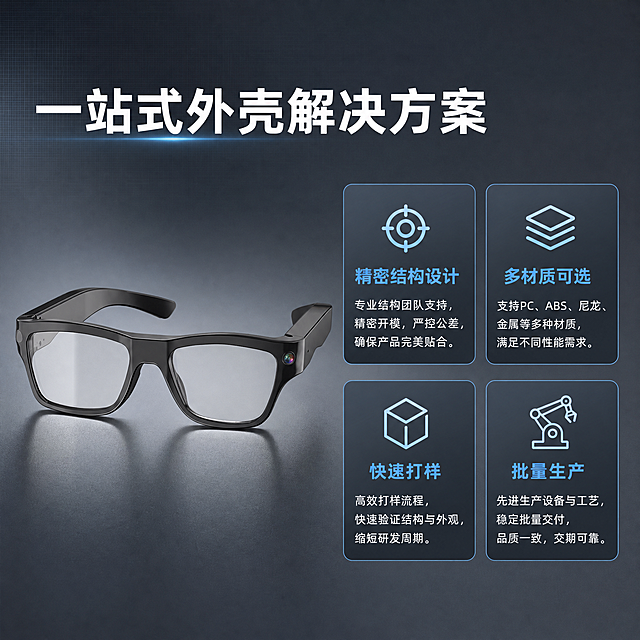 [主图-2] AI智能摄像头眼镜外壳核心卖点总览图
[氛围风格] 冷灰科技工业风 专业精密感
[画质] 商业摄影质感 光线均匀柔和 产品细节清晰 画面层次丰富
[元素] 黑色AI智能摄像头眼镜外壳正面偏左展示 正面全貌清晰 摄像头模组位于镜框右上角 镜片通透 镜腿展开。背景为深灰色渐变 带有细微网格纹理 科技感十足。右侧分布四个圆角矩形卖点卡片 呈2×2矩阵排列。保持产品外观（即物理结构 材质质感 颜色）与输入产品图一致 杜绝任何变形和色差 精细化处理。商品主体占比约55%。
[光影] 正面柔光箱主光 两侧辅光平衡 底部有柔和倒影 整体光线均匀 塑料质感表现细腻 高光不过曝
[配色] 主色深灰 辅色科技蓝 卡片色浅灰蓝 文字色白色+亮蓝
[视角构图] 正面微俯视 产品居左 右侧信息区 左右平衡构图
[文字版式] 顶部大标题"一站式外壳解决方案" 白色粗体大字 左对齐。四个卖点卡片分别为：左上"精密结构设计"配小图标 右上"多材质可选"配小图标 左下"快速打样"配小图标 右下"批量生产"配小图标。卡片内标题亮蓝色 说明文字白色小号。卡片圆角统一 描边细蓝线。
[输出要求] 1:1比例 文字清晰锐利 超高清商业摄影质感
[负向提示词] 变形 文字错乱 产品图模糊 背景杂乱 水印 电商平台Logo