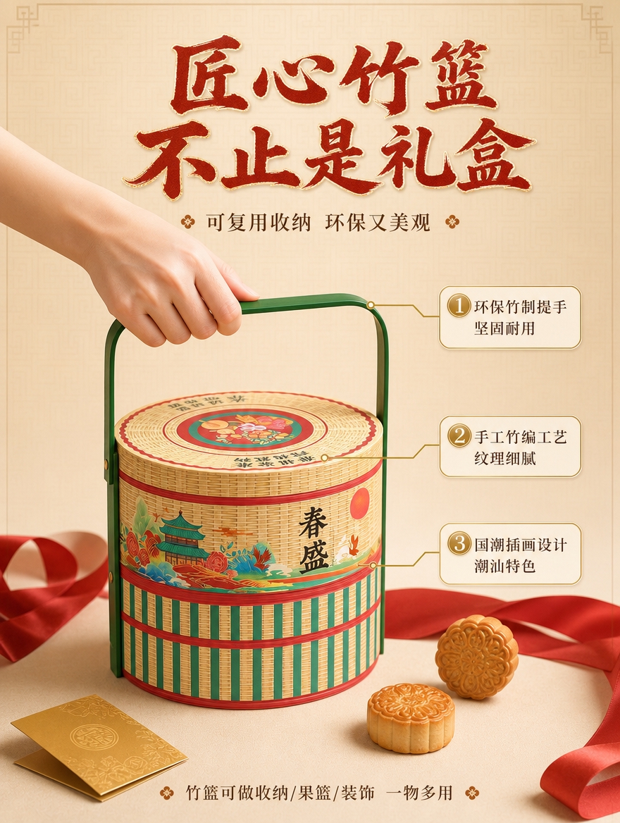 [详情-3] 礼盒包装展示页，突出竹篮结构与国潮设计。 [商品… - 图片创意预览