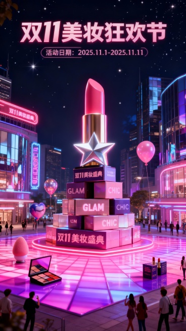一个巨大的发光的口红矗立在赛博都市的中心广场，美妆礼盒层层堆叠，顶部是一个闪耀的银色五角星，每个礼盒侧面显示着 “双 11 美妆盛典”、“GLAM”、“CHIC” 等潮流文字，地面铺满发光的渐变粉紫地预览效果