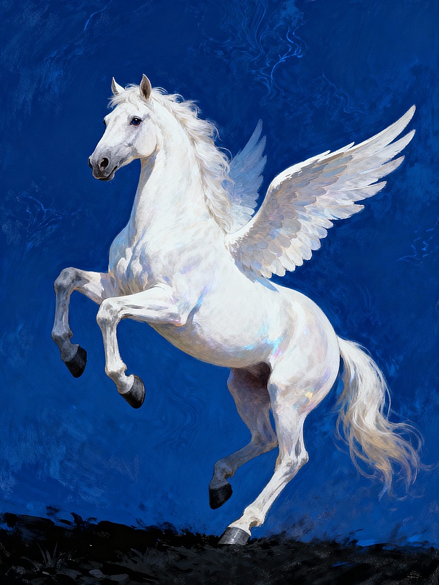 高级插画风格，整体色泽通透，透亮深克莱因蓝背景（空中有一点纹，黑色地面），白马它高八尺五寸，长长的颈项，背部长有一双翅膀，灰色马蹄，皮毛洁白如玉，柔润的身体，通体透着光泽通体流转着柔和光泽的，突出优雅自然美感 ，空灵的气氛，眼睛里透着灵气，腾空而起威风凛凛（只有一条腿蹬地），尽显龙马精神，高分辨率，超高清。景深构图，层次分明32k高清，，意境宁静，细节丰富